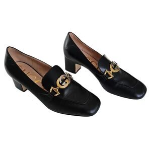Gucci GG Zumi Black Leather Loafer Pumps 37.5 US 7.5 Gold Silver Low Block Heel